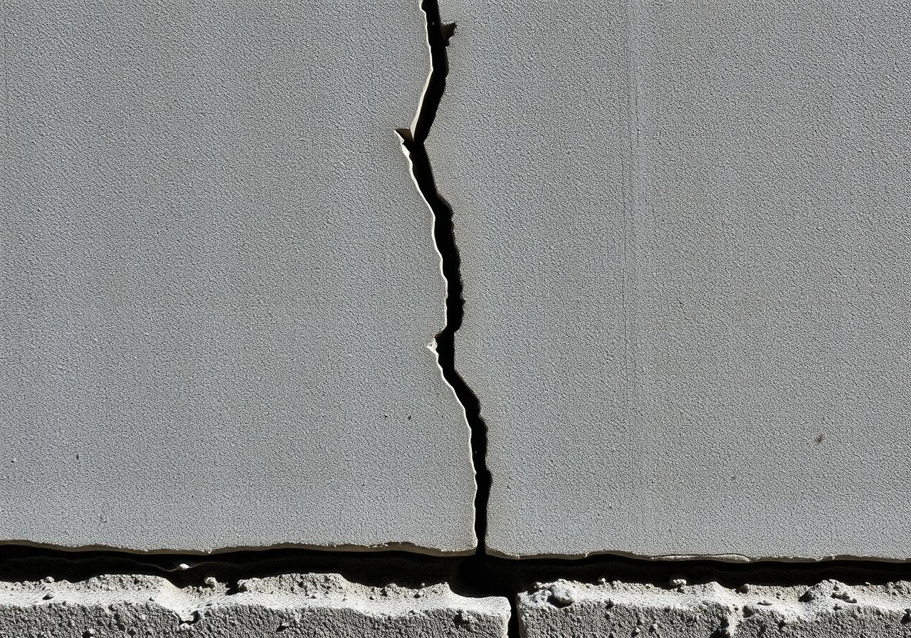 Diagonal crack in a building foundation after an earthquake